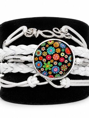 Handmade White Floral Cabochon Multi-Strand Bracelet – Adjustable